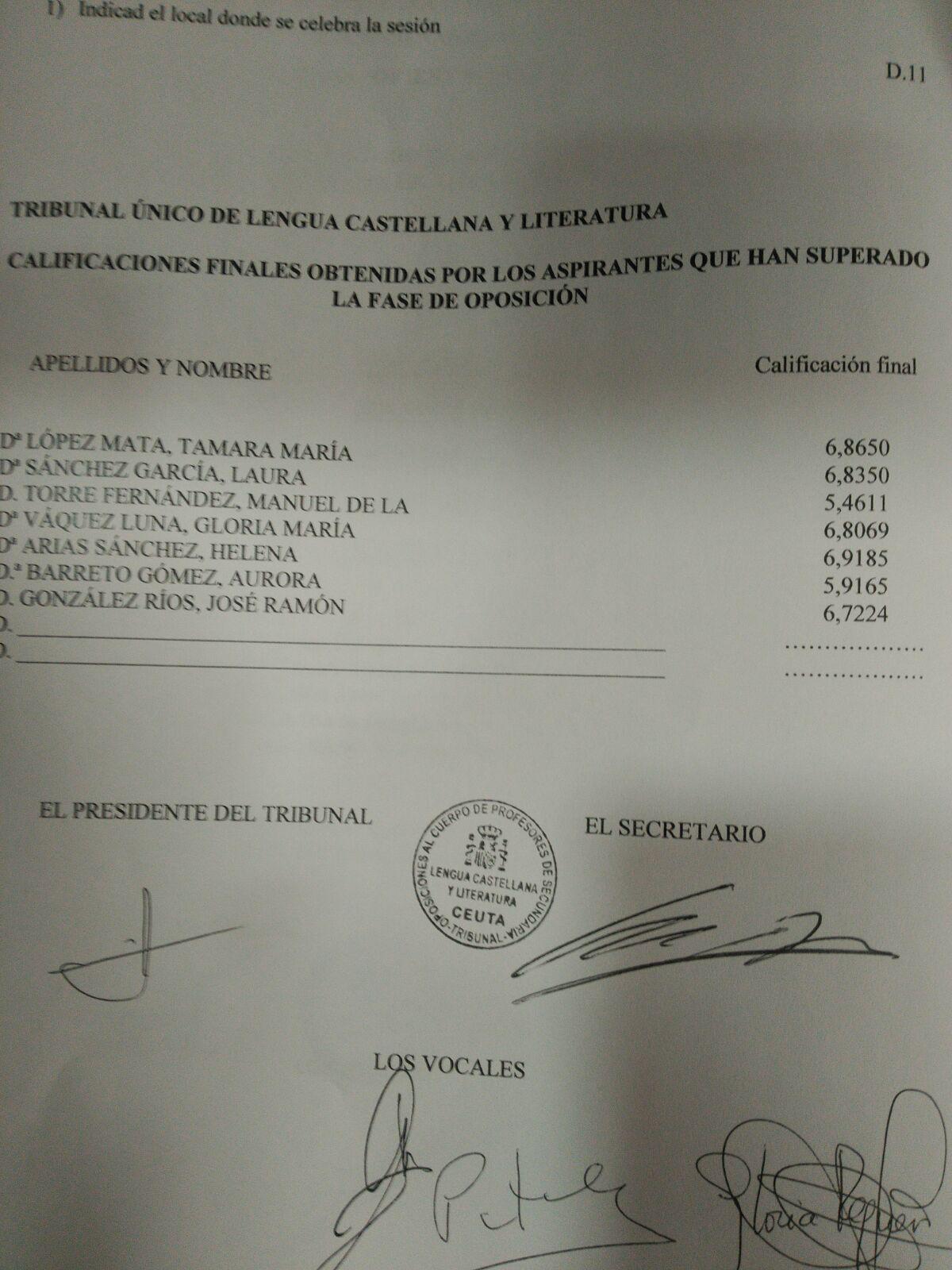 NOTA FASE DE OPOSICIONES LENGUA CASTELLANA Y LITERATURA
